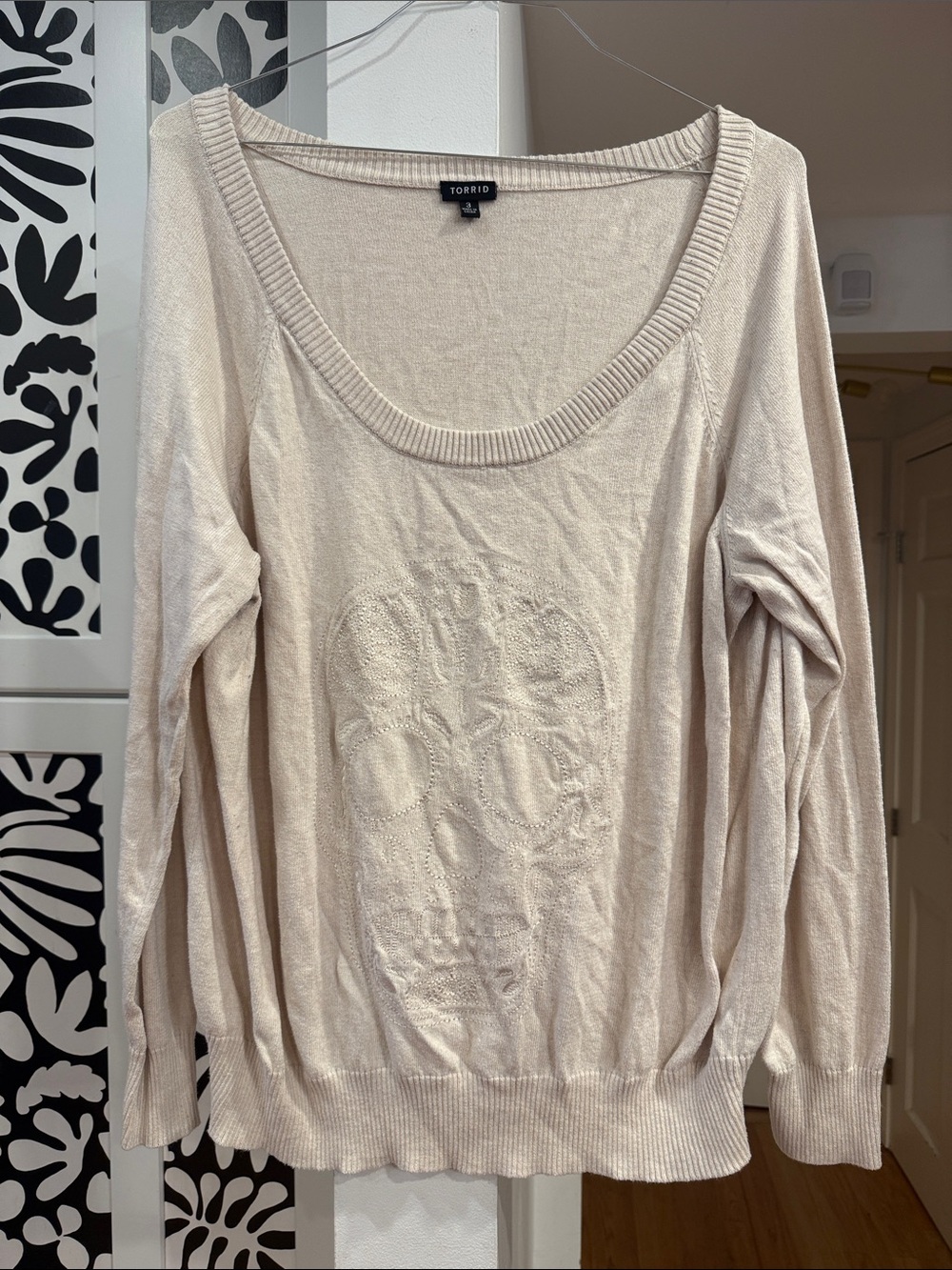torrid Light Beige Scoop Neck Sweater with Subtle Skull Motif